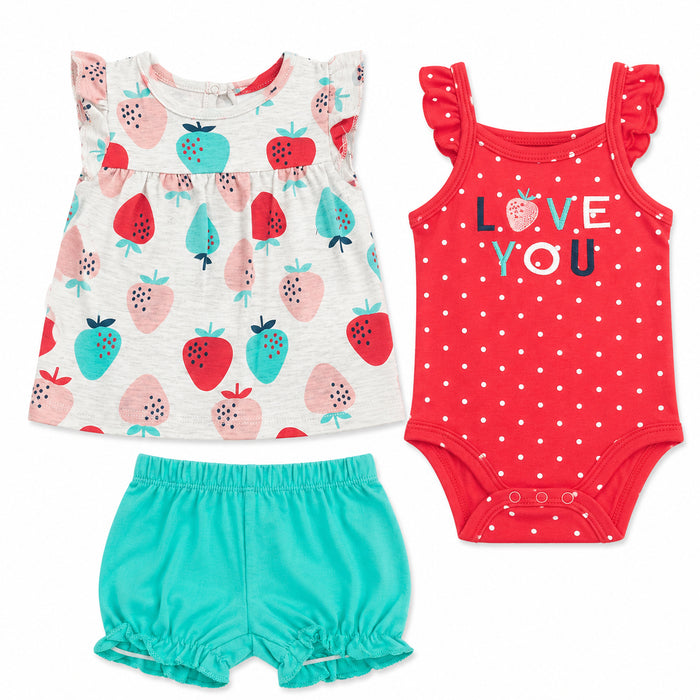 TEDMI MAK Girl Grey Strawberry Printed With Red Romper And Green Shorts Three Piece Set