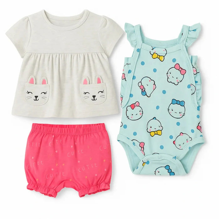 TEDMI MAK Girl Grey Frock With See Green Romper And Shorts Three Piece Set