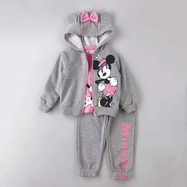 HM Girl Grey Color Micky Mouse Character Print Three Piece Set