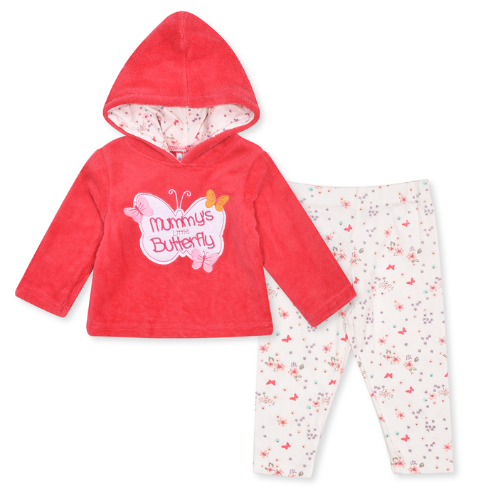 BABY COLORS Girl Pink Color Butterfly Embroidery  Fleece Hoodie with tights