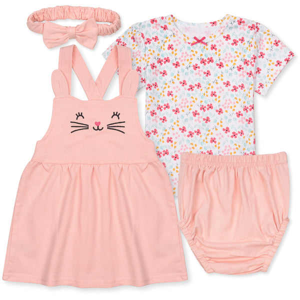 Girl Peach Dungaree With White Floral Printed T-shirt 4 Piece Set