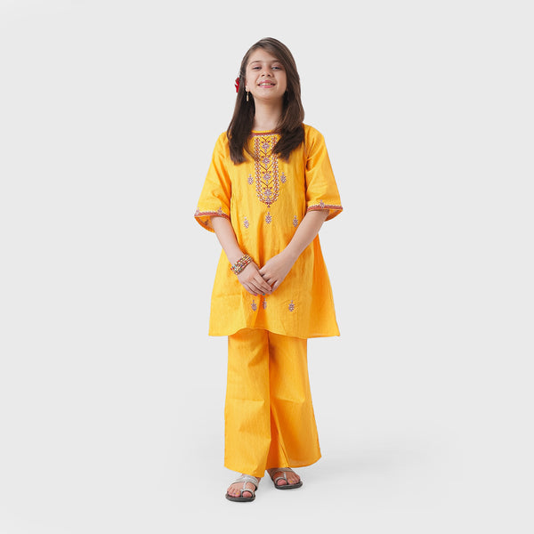 MINI CLOUD Mustered Neck and Sleeves Embroidery Kurti With embraided Trouser 2 Piece Set