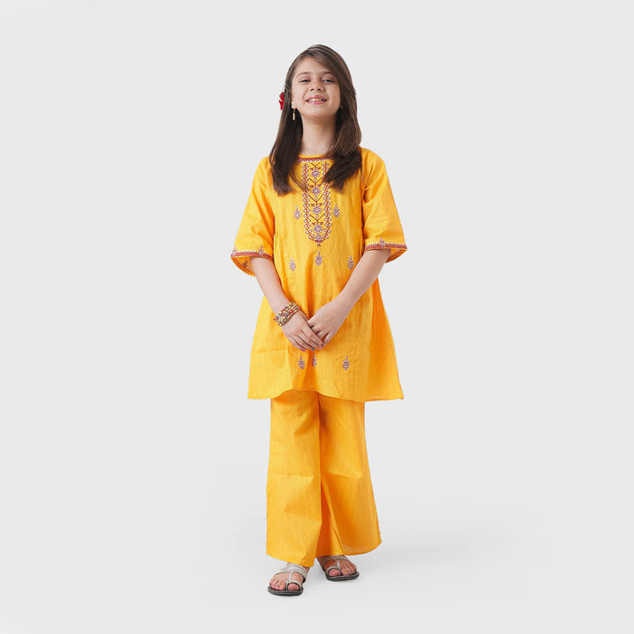 MINI CLOUD Mustered Neck and Sleeves Embroidery Kurti With embraided Trouser 2 Piece Set