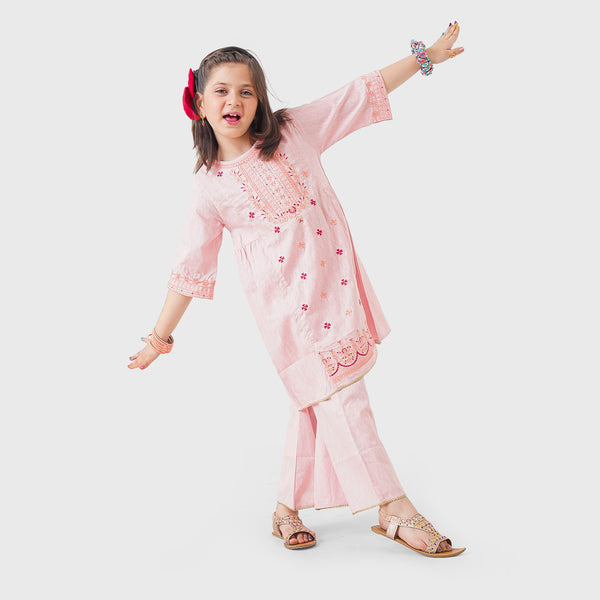 MINI CLOUD Pink Flower Embraided Neck And Sleeves Kurti With Embraided Trouser 2 Pieces
