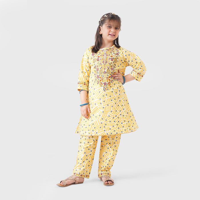MINI CLOUD Yellow Dot Printed Neck With Sleeves Embroidery Kurti With Embroidered Trouser 2 Piece Set