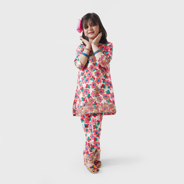 MINI CLOUD Flower Printed Neck and Sleeves Embroidery With Trouser Two Piece Set
