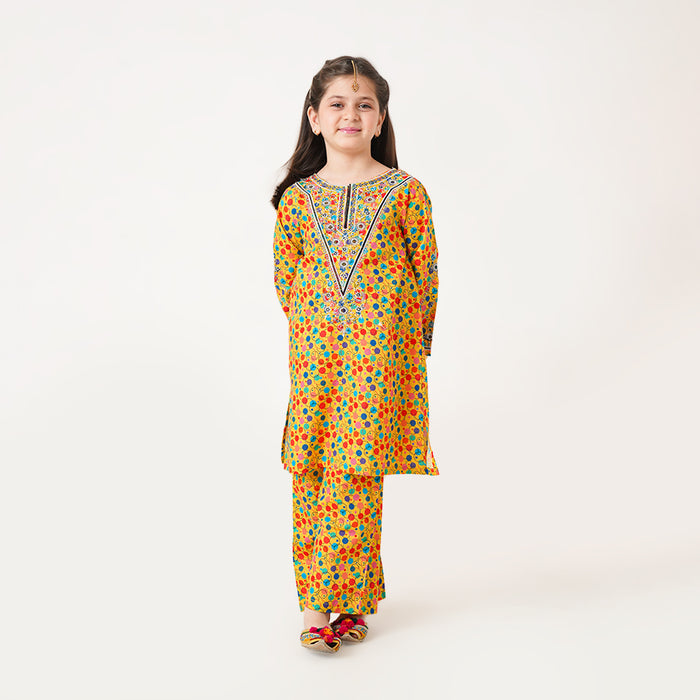 MINI CLOUD Girl kurti with multi balls embroidered Neck & Sleeves With Trouser Two piece set