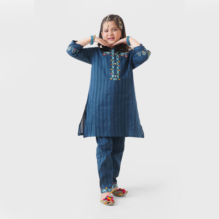 MINI CLOUD Sea Green Neck & Sleeves Embroidery With Embraided Two piece set
