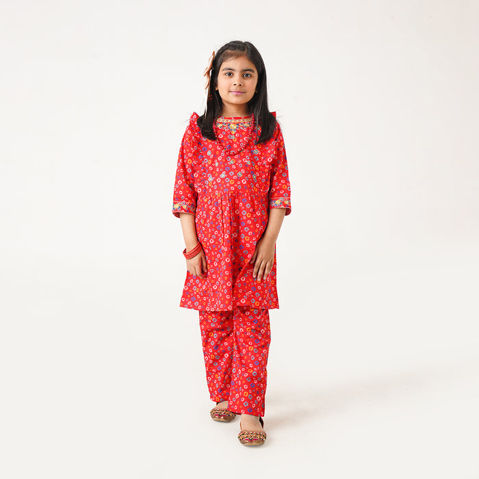 MINI CLOUD Girl kurti Red Printed embroidered Neck & Sleeves With Trouser Two piece set
