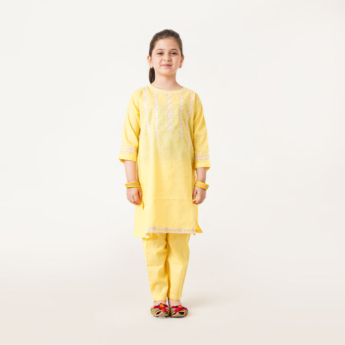 MINI CLOUD Girl kurti Yellow embroidered Neck & Sleeves With Trouser Two piece set