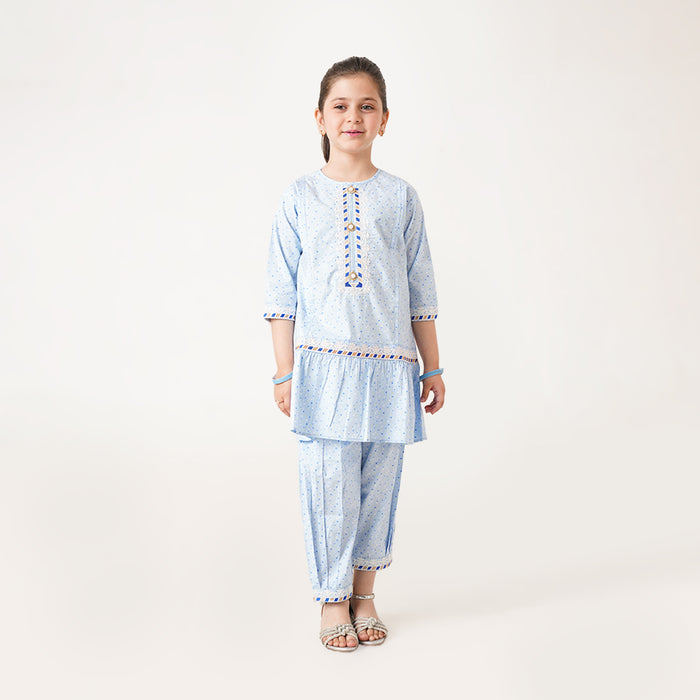 Mini Cloud D Girls Embroidered Neck & Sleeves With Trouser Two Piece Set