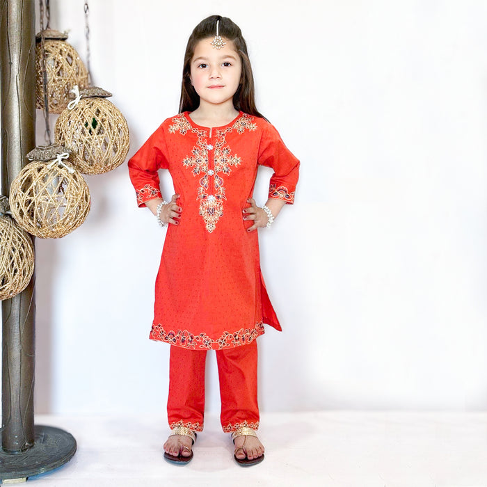 MINI CLOUD Girl kurti Brown embroidered Neck & Sleeves & Trouser Two piece set