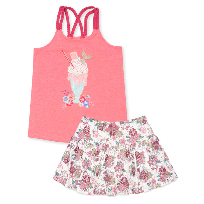 Girls Glittery Ice-cream Top With Skirt Short Two piece Set