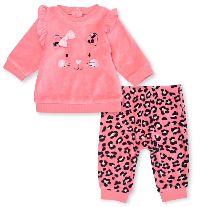 L M Girl Baby Pink Cat Face Design Velour Sweat Shirt Track Suit