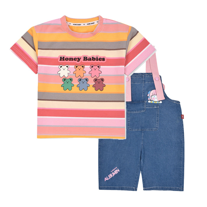 Girls Two Piece Set Short Dungaree With Shirt