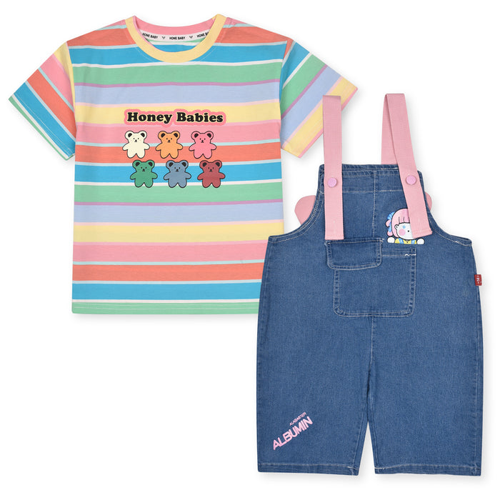 Girls Two Piece Set Short Dungaree With Shirt