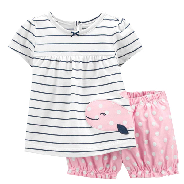 White Top Blue Lining Whale Embroidery With Pink Polka Dots Short