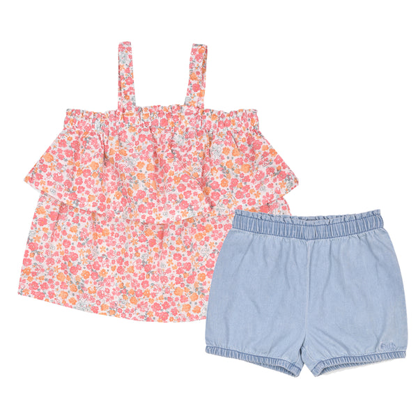 CRKS Girl White Floral Printed Top With Blue Short