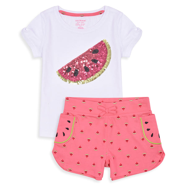 White Girl Top T-shirt Watermelon Sequence With Watermelon Printed Pink Short