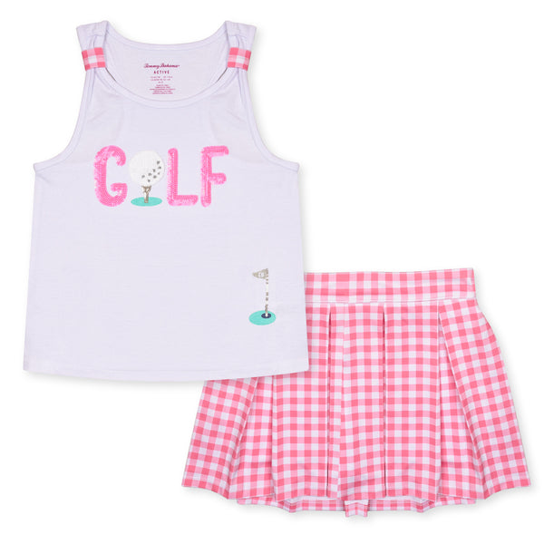 TOM BAHA White Girl Golf Sequence Top With Pink Dry fit Skirt Like Short