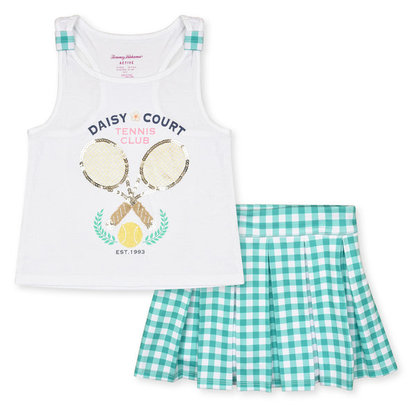 TOM BAHA Girl White Top Tennis Sequence With Green Check Skirt Like Short