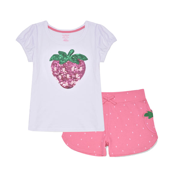 Girl White Top Strawberry Sequence With Pink Strawberry Patch Short