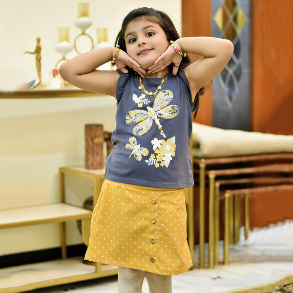 SHBY CC Girl Grey Top Dragon Fly Sequence With Golden Skirt With Hair Bow