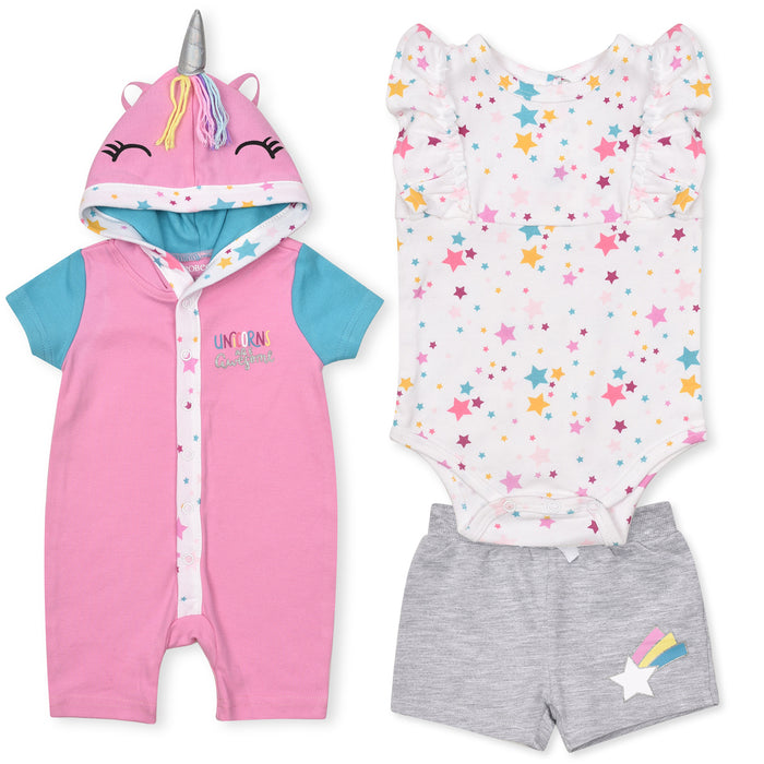 RO BEEZ Girl White Star Printed Body Suit With Pink Romper Hood With Grey Short