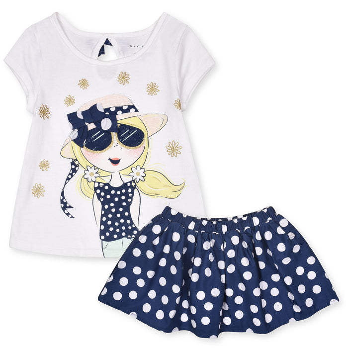 MX STO Girl White Doll Printed Top With Blue Polka Dotted Skirt