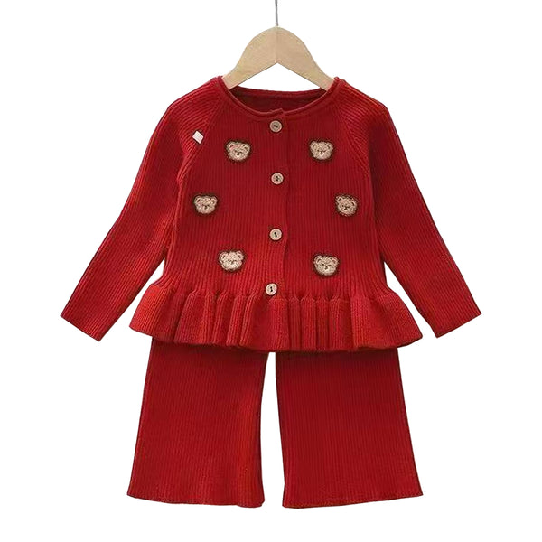Girls Sweater Stuff Bear Embroiedry Two Piece Set