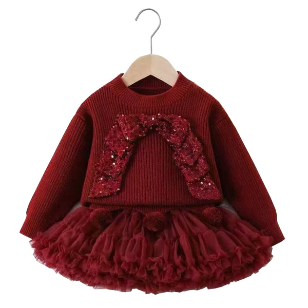 Girl Red Bow Sequence Sweater With Fancy Skirt
