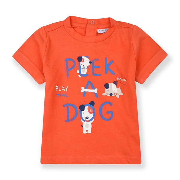 Orange Peek A Dog print Shirt