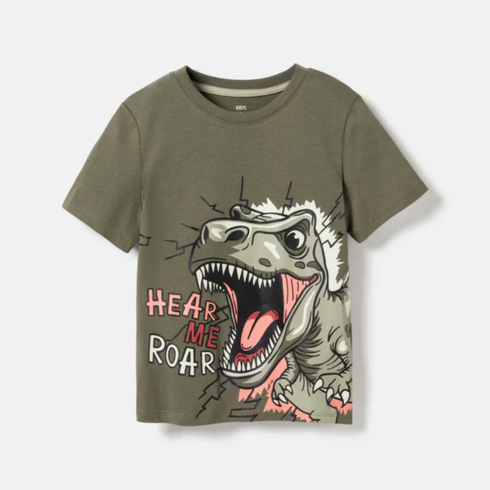Kids Boys Green DIno Printed Half Sleeves T-Shirt