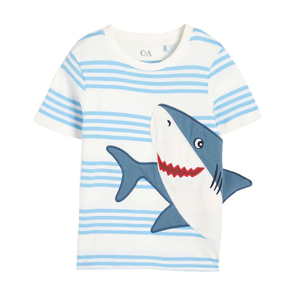 CA Boy Shark Embroidery White And Blue Lining T-Shirt