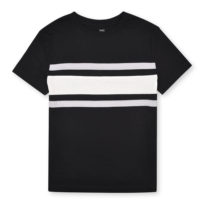 MS Boy Black T-shirt With Grey Strip Line On Chest