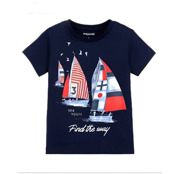 MAY ORAL Boy Navy Blue Ship Print T-Shirt