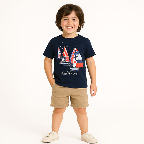 MAY ORAL Boy Navy Blue Ship Printed T-Shirt