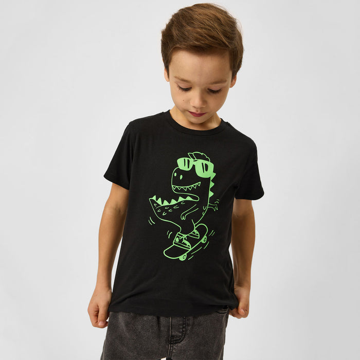 FN Boy Green Dino Printed Black T Shirt