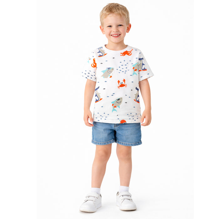 Boy Sea Animals Printed White T-Shirt