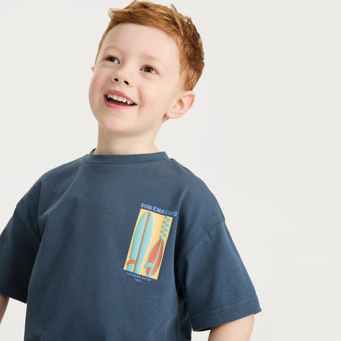 Boy Sun Chasing Printed Navy Blue T-Shirt