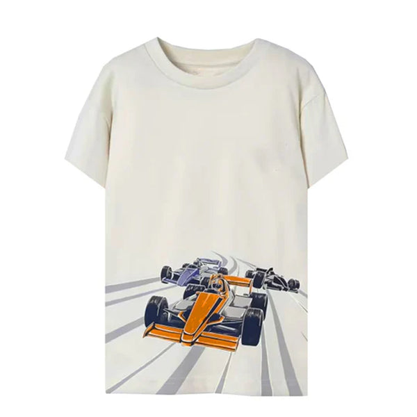 MAY ORAL Boy Cream Color Racing Car Printed T-Shirt