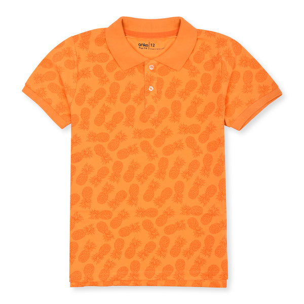 A N K O Boy Orange Color Pineapple Print Polo T-Shirt