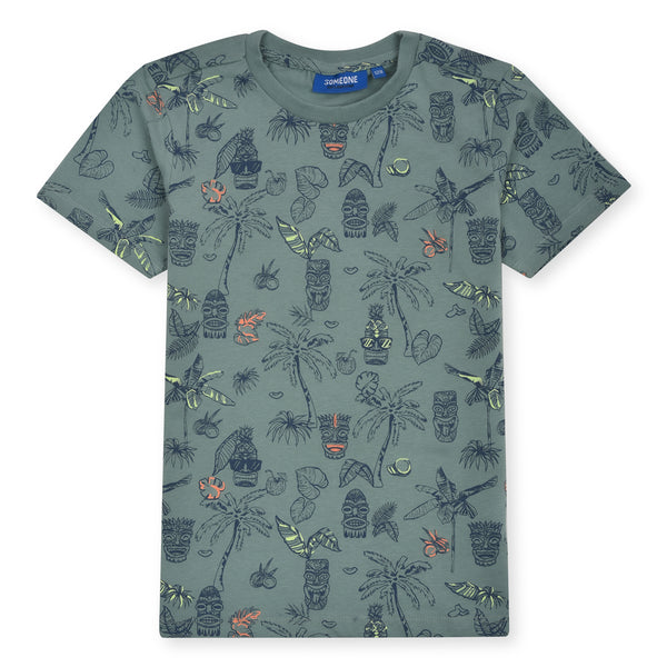 Boy Green Tropical Tiki With Tree's Printed T-shirt