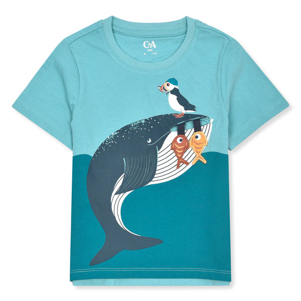 CA Boy Sea Whale Printed T-Shirt With Fish Embroidery