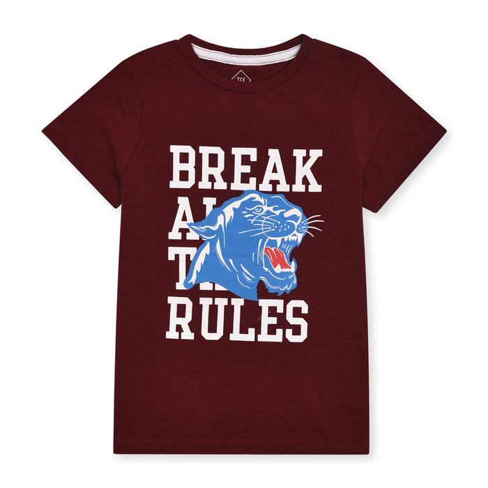 T E X Boy Maroon Tiger Face Print T-Shirt
