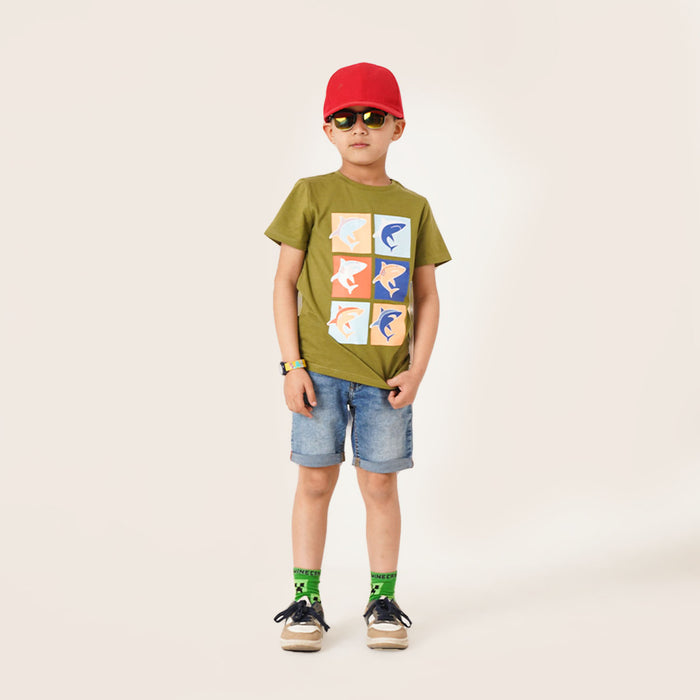 OK Boy Green Color Shark Fish Print T-Shirt