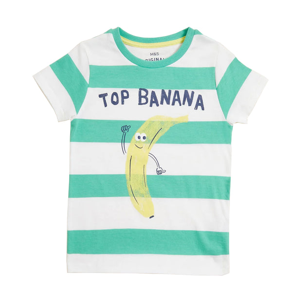 MS Boy White And Green Lining Banana Printed T-Shirt