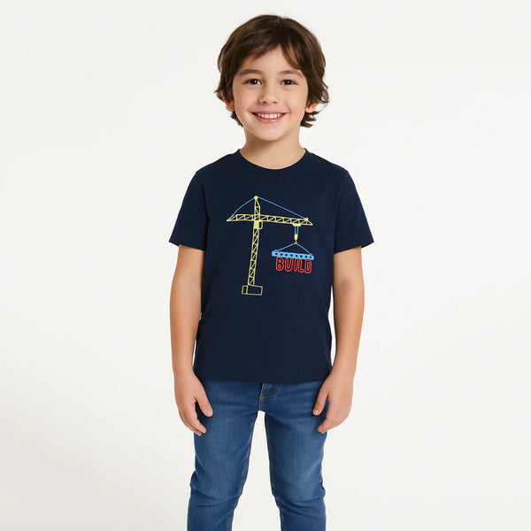 MS Boy Navy Blue Build Print T-Shirt