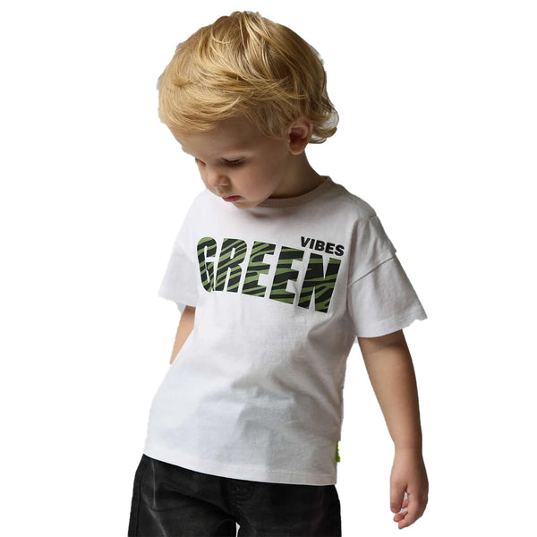 Boy White Color Green Print T-Shirt