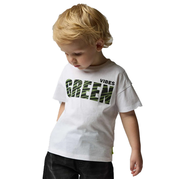 Boy White Color Green Print T-Shirt